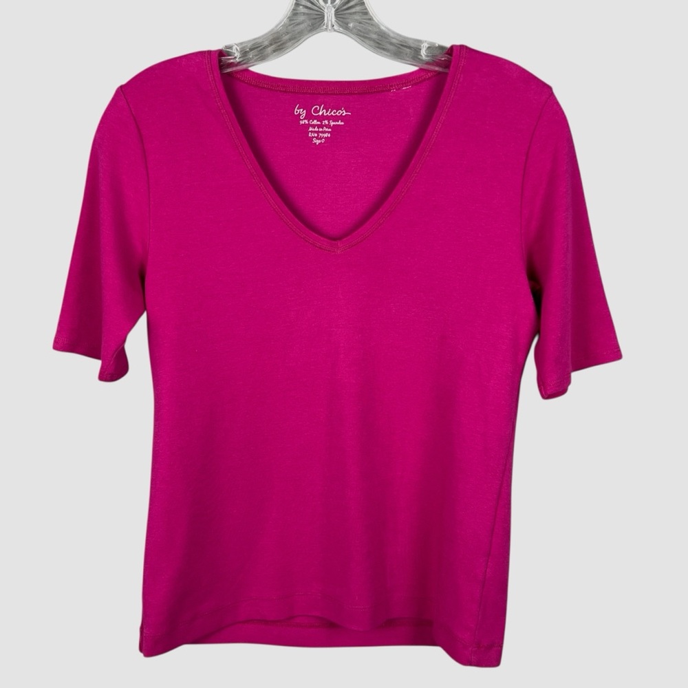 Chico’s Pink V-Neck Short Sleeve Top Size 0 Cotton Spandex